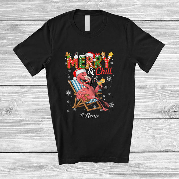 MacnyStore - Personalized Custom Name Merry And Chill; Lovely Christmas Holiday Vacation Santa Flamingo T-Shirt