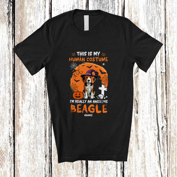 MacnyStore - Personalized Custom Name My Human Costume Beagle; Creepy Halloween Moon Animal Witch T-Shirt
