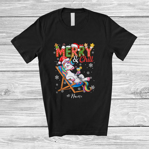 MacnyStore - Personalized Custom Name Merry And Chill; Lovely Christmas Holiday Vacation Santa Unicorn T-Shirt