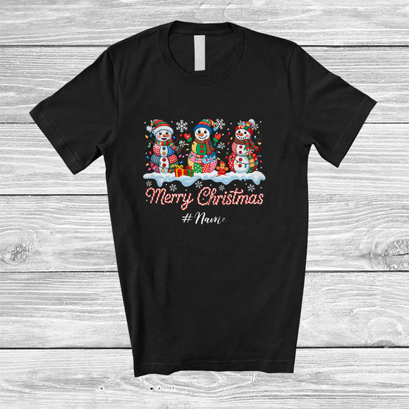 MacnyStore - Personalized Custom Name Merry Christmas; Joyful X-mas Three Snowman Plaid; Family Group T-Shirt