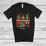 MacnyStore - Personalized Custom Name Merry Christmas; Joyful Three X-mas Tree Plaid; Family Group T-Shirt