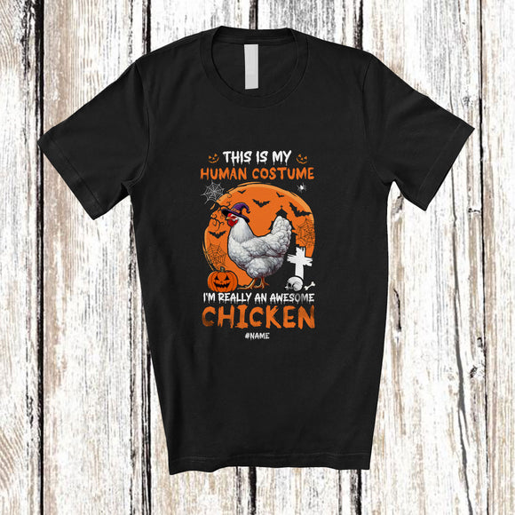 MacnyStore - Personalized Custom Name My Human Costume Chicken; Creepy Halloween Moon Animal Witch T-Shirt