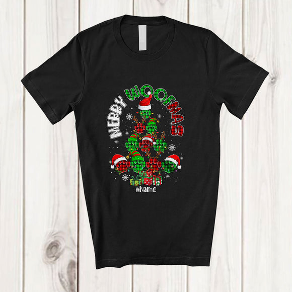 MacnyStore - Personalized Custom Name Merry Woofmas; Wonderful Christmas Tree Plaid Dog Paws Owner T-Shirt