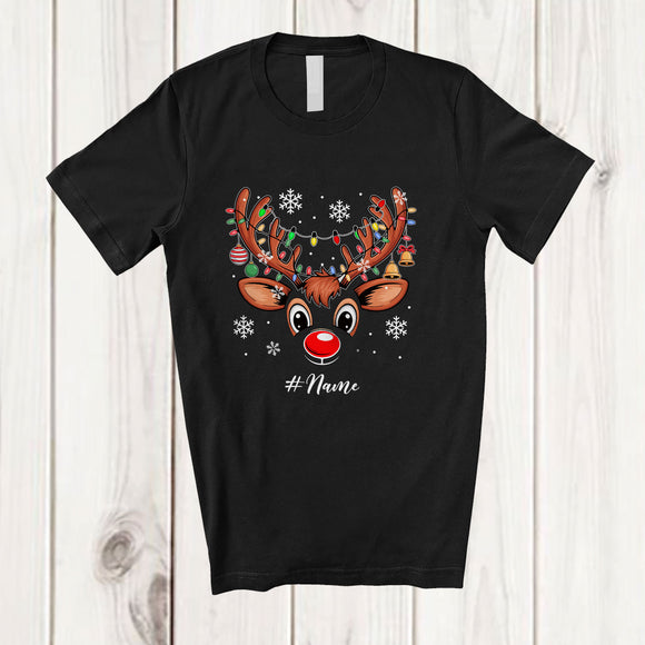 MacnyStore - Personalized Custom Name Christmas Reindeer Face; Joyful X-mas Lights Snowing Family T-Shirt