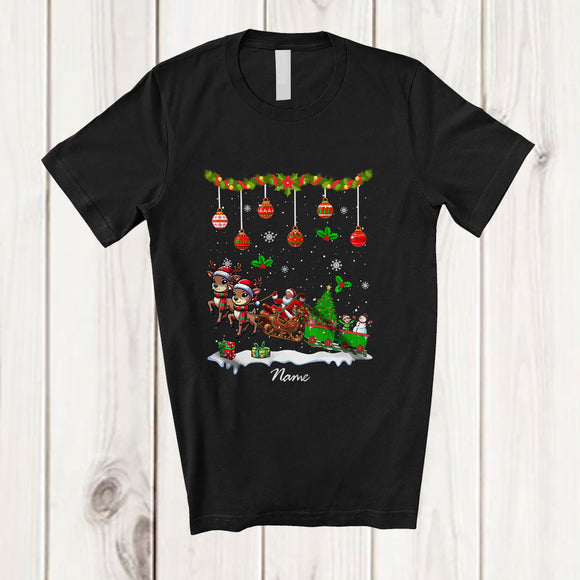 MacnyStore - Personalized Custom Name Santa Sleigh Reindeer With Christmas Tree; Joyful Pajama Family T-Shirt