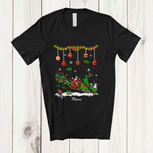 MacnyStore - Personalized Custom Name Santa Sleigh T-Rex With Christmas Tree; Joyful Pajama Family T-Shirt