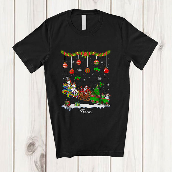 MacnyStore - Personalized Custom Name Santa Sleigh Unicorn With Christmas Tree; Joyful Pajama Family T-Shirt