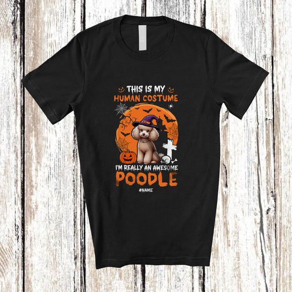MacnyStore - Personalized Custom Name My Human Costume Poodle; Creepy Halloween Moon Animal Witch T-Shirt
