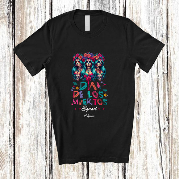 MacnyStore - Personalized Custom Name Dia De Los Muertos; Floral Three Sugar Skull Women Girl; Mexican Family T-Shirt
