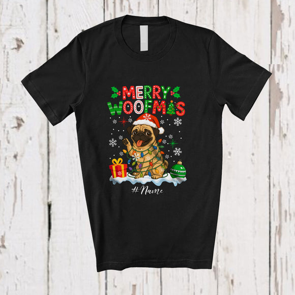MacnyStore - Personalized Custom Name Merry Woofmas; Joyful Christmas Lights Santa Pug Owner Family T-Shirt