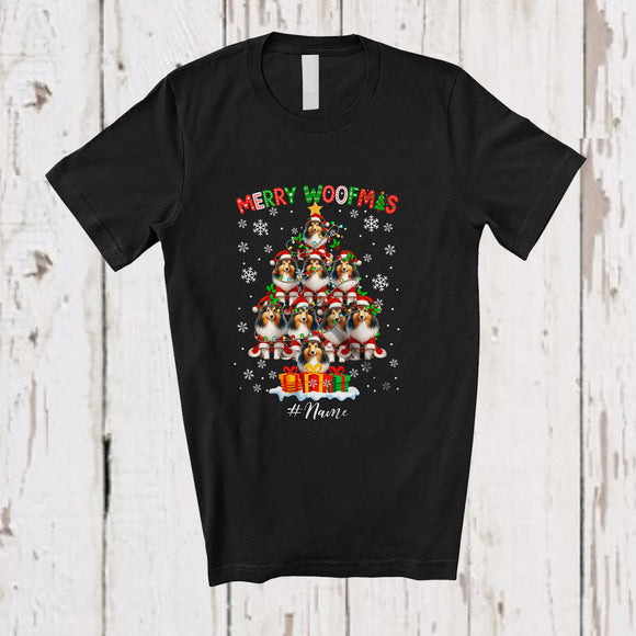 MacnyStore - Personalized Custom Name Merry Woofmas; Joyful Christmas Lights Santa Shelties X-mas Tree T-Shirt