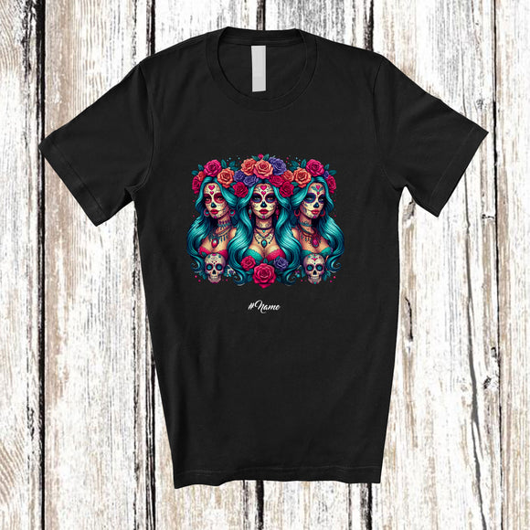 MacnyStore - Personalized Custom Name Floral Three Sugar Skull Women; Lovely Dia De Los Muertos Mexican Family T-Shirt