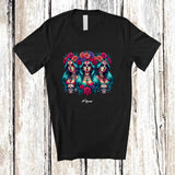 MacnyStore - Personalized Custom Name Floral Three Sugar Skull Women; Lovely Dia De Los Muertos Mexican Family T-Shirt