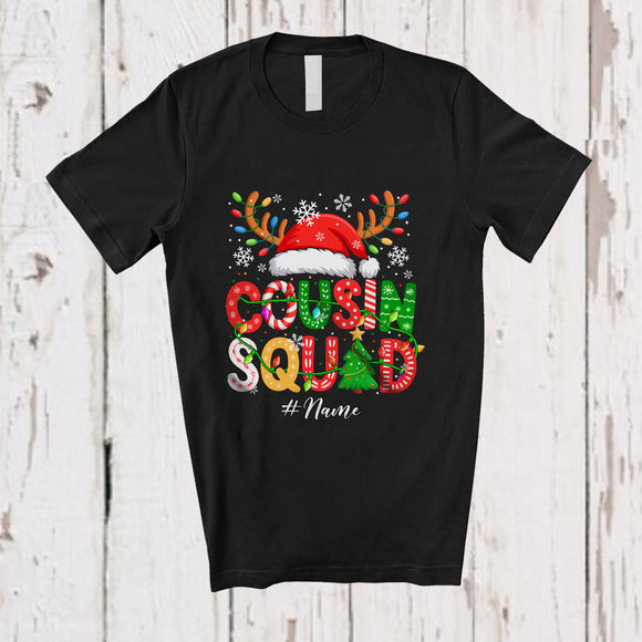 MacnyStore - Personalized Custom Name Cousin Squad; Lovely Christmas Lights Santa Reindeer; Family Group T-Shirt