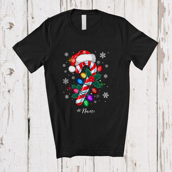 MacnyStore - Personalized Custom Name Santa Candy Canes; Amusing Christmas Lights Snowing; Family T-Shirt