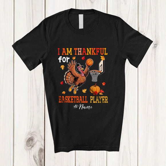 MacnyStore - Personalized Custom Name Thankful For Basketball Player; Joyful Thanksgiving Turkey Sport T-Shirt