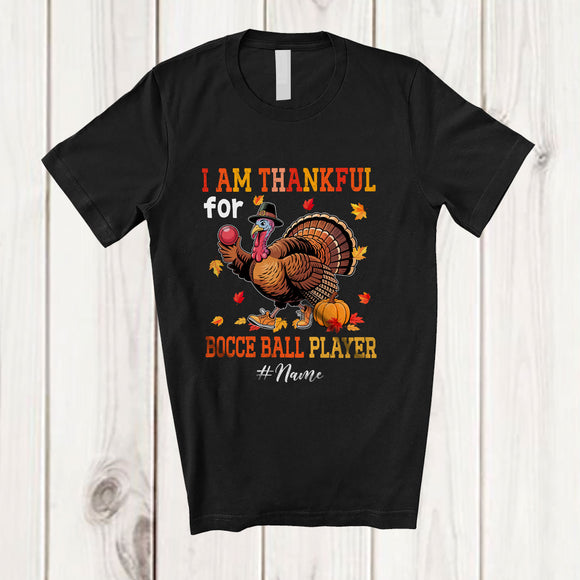 MacnyStore - Personalized Custom Name Thankful For Bocce Ball Player; Joyful Thanksgiving Turkey Sport T-Shirt