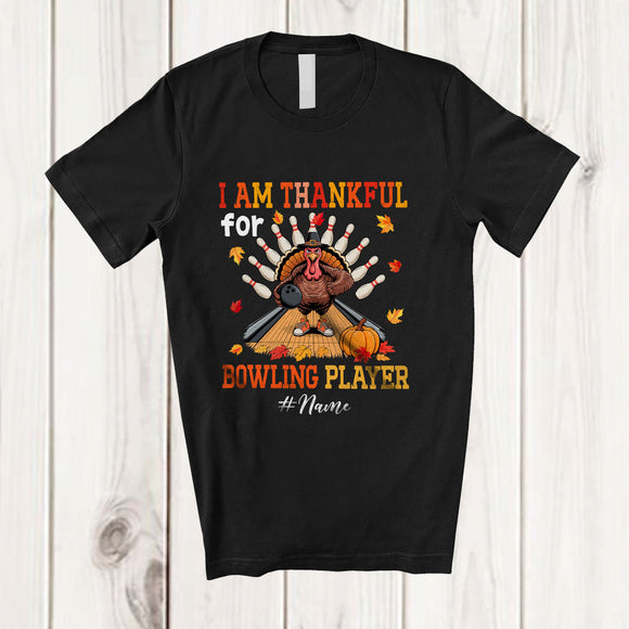 MacnyStore - Personalized Custom Name Thankful For Bowling Player; Joyful Thanksgiving Turkey Sport T-Shirt