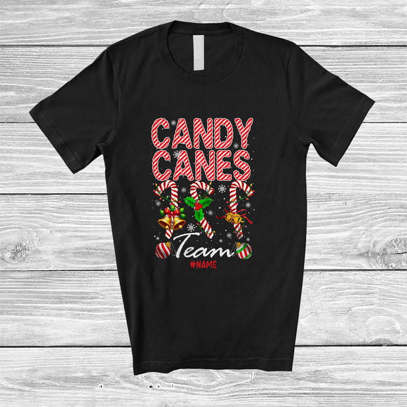 MacnyStore - Personalized Custom Name Candy Cane Team; Merry Christmas Candy Canes Snow Family T-Shirt