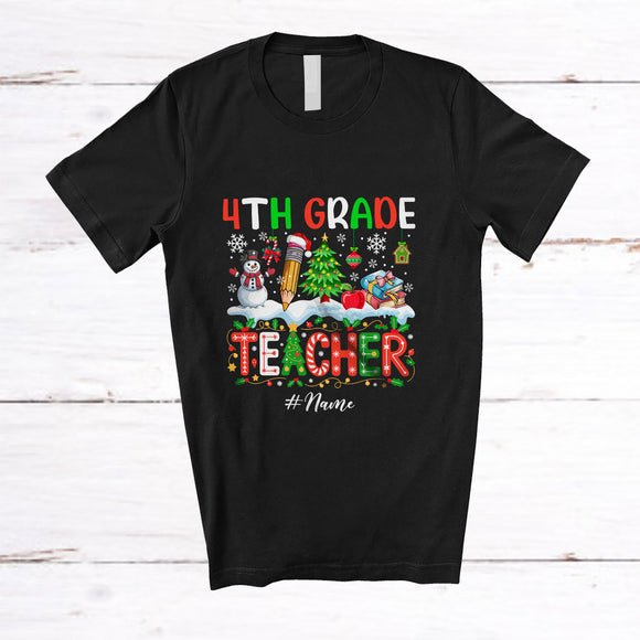 MacnyStore - Personalized Custom Name 4th Grade Teacher; Wonderful Christmas Snowman Pencil; Teaching T-Shirt