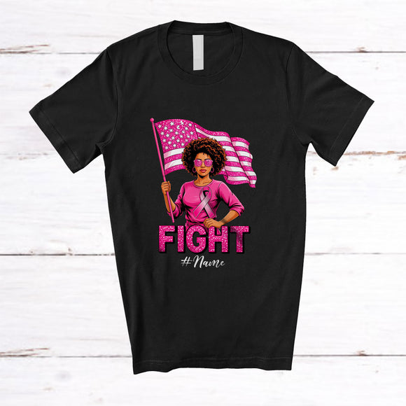 MacnyStore - Personalized Custom Name Fight; Proud Breast Cancer Afro Women Pink Ribbon US Flag; Family T-Shirt