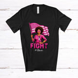 MacnyStore - Personalized Custom Name Fight; Proud Breast Cancer Afro Women Pink Ribbon US Flag; Family T-Shirt