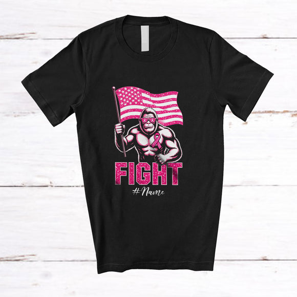 MacnyStore - Personalized Custom Name Fight; Proud Breast Cancer Bigfoot Pink Ribbon US Flag; Family T-Shirt