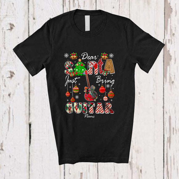 MacnyStore - Personalized Custom Name Santa Just Bring Guitar; Awesome Christmas Tree Musical Instrument T-Shirt