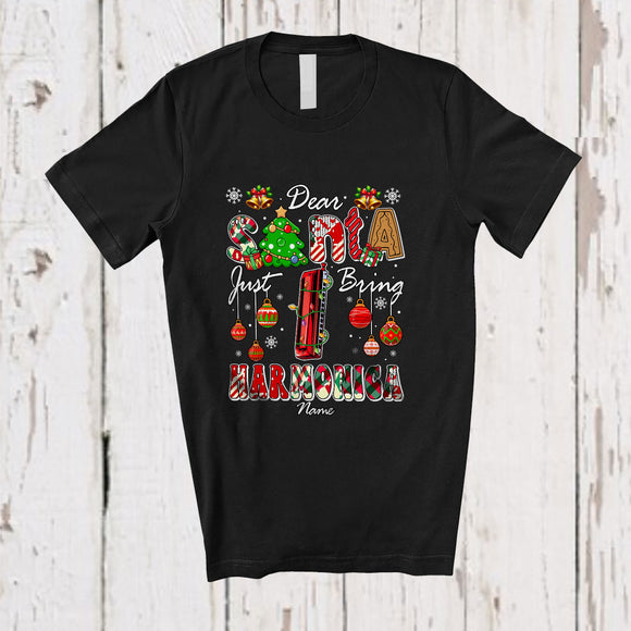 MacnyStore - Personalized Custom Name Santa Just Bring Harmonica; Awesome Christmas Tree Musical Instrument T-Shirt