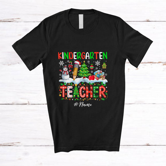 MacnyStore - Personalized Custom Name Kindergarten Teacher; Wonderful Christmas Snowman Pencil; Teaching T-Shirt