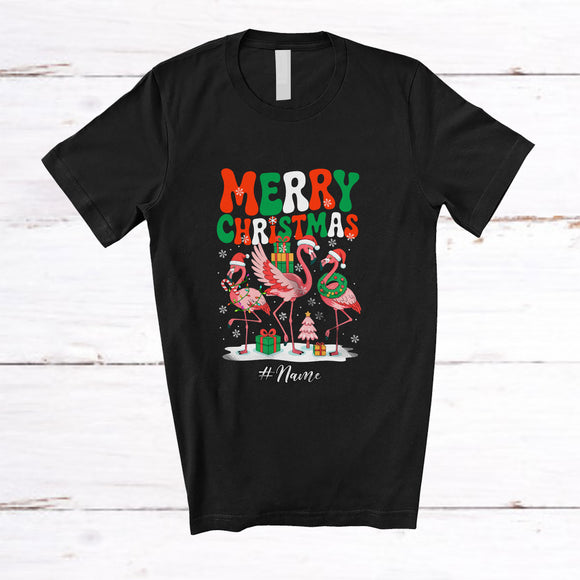 MacnyStore - Personalized Custom Name Merry Christmas; Lovely Three X-mas Flamingo; Snow Pajamas Family T-Shirt