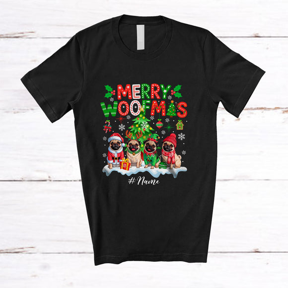 MacnyStore - Personalized Custom Name Merry Woofmas; Lovely Christmas Four Santa Elf Reindeer Pug T-Shirt