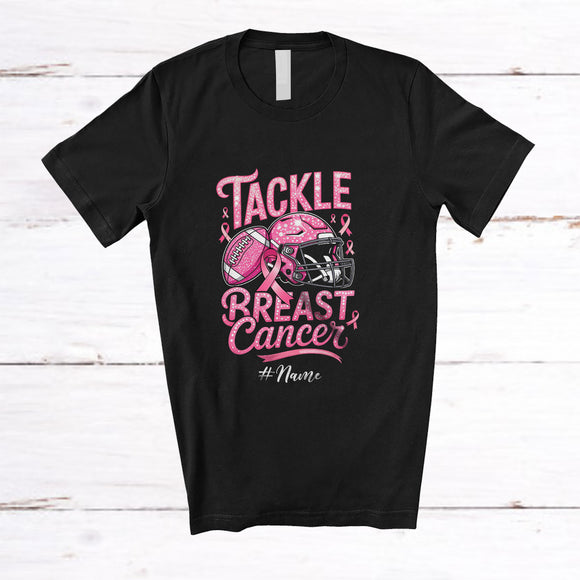 MacnyStore - Personalized Custom Name Tackle Breast Cancer; Joyful Pink Ribbon American Football Player T-Shirt