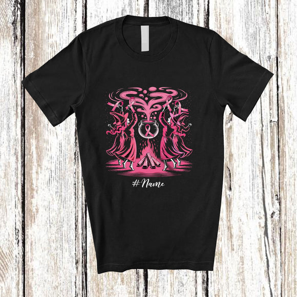 MacnyStore - Personalized Custom Name Pink Women Witches; Amazing Halloween Breast Cancer Awareness Ribbon T-Shirt