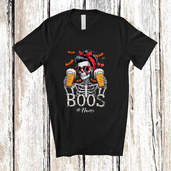 MacnyStore - Personalized Custom Name Boos; Horror Halloween Women Skeleton Drinking Beer Drunker T-Shirt