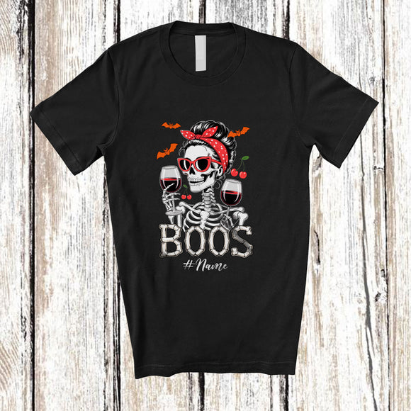 MacnyStore - Personalized Custom Name Boos; Horror Halloween Women Skeleton Drinking Wine Drunker T-Shirt
