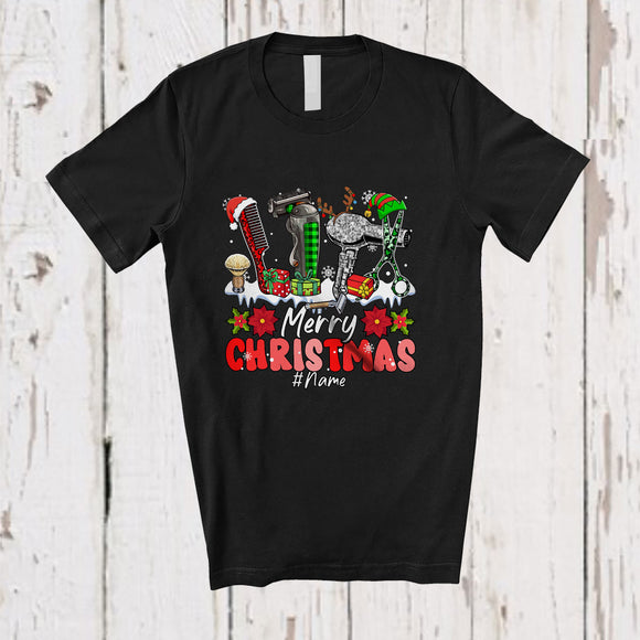 MacnyStore - Personalized Custom Name Merry Christmas; Lovely Three Leopard Plaid Santa Elf Barber Tools T-Shirt