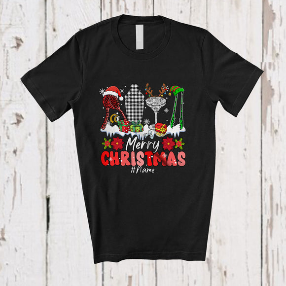 MacnyStore - Personalized Custom Name Merry Christmas; Lovely Three Leopard Plaid Santa Elf Bartender Tools T-Shirt