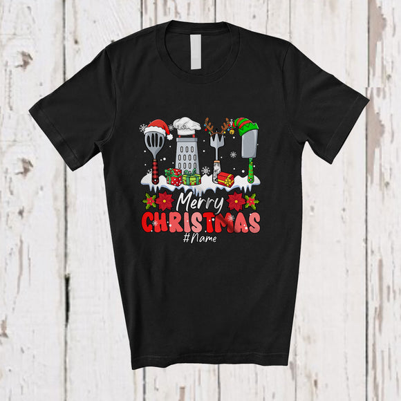 MacnyStore - Personalized Custom Name Merry Christmas; Lovely Three Leopard Plaid Santa Elf Chef Tools T-Shirt