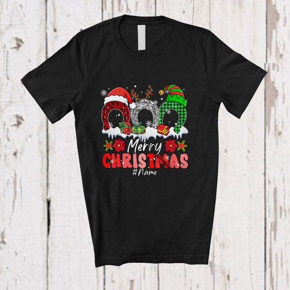 MacnyStore - Personalized Custom Name Merry Christmas; Lovely Three Leopard Plaid Horseshoes; Family T-Shirt
