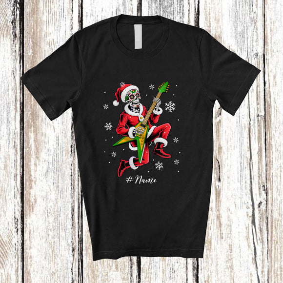 MacnyStore - Personalized Custom Name Skeleton Playing Guitar; Joyful Dia De Los Muertos Christmas Guitarist T-Shirt