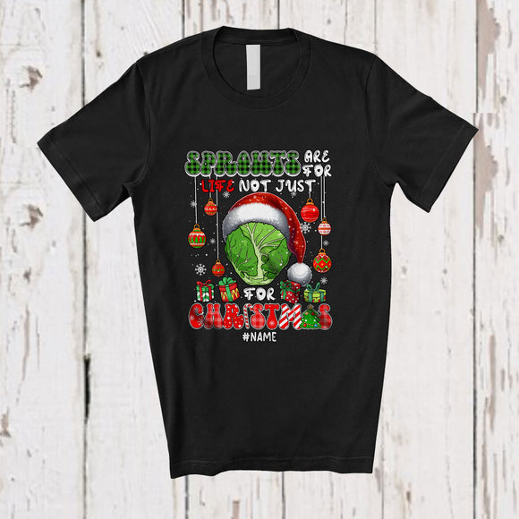 MacnyStore - Personalized Custom Name Sprouts Are For Life; Joyful Christmas Plaid Santa Brussel Sprouts Vegan T-Shirt