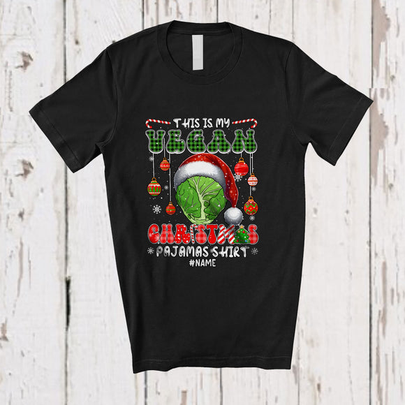 MacnyStore - Personalized Custom Name My Vegan Christmas Pajamas; Joyful Plaid Santa Brussel Sprouts Vegan T-Shirt