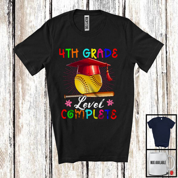 MacnyStore - 4th Grade Level Complete, Joyful Last Day Of School Softball Player Playing, Girls Students Group T-Shirt