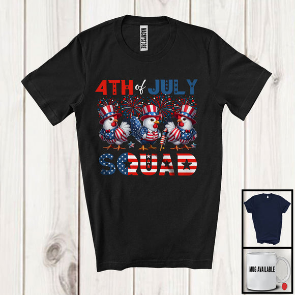 MacnyStore - 4th Of July Squad, Lovely American Flag Fireworks Three Chickens Farmer Animal, Patriotic Group T-Shirt