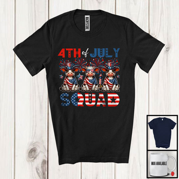 MacnyStore - 4th Of July Squad, Lovely American Flag Fireworks Three Cows Farmer Animal, Patriotic Group T-Shirt