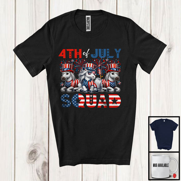 MacnyStore - 4th Of July Squad, Lovely American Flag Fireworks Three Horses Farmer Animal, Patriotic Group T-Shirt
