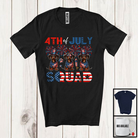MacnyStore - 4th Of July Squad, Lovely Independence Day Three Dachshunds, USA Flag Fireworks Patriotic T-Shirt