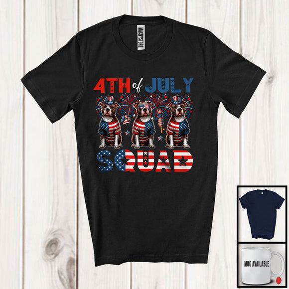 MacnyStore - 4th Of July Squad, Lovely Independence Day Three Pit Bulls, USA Flag Fireworks Patriotic T-Shirt