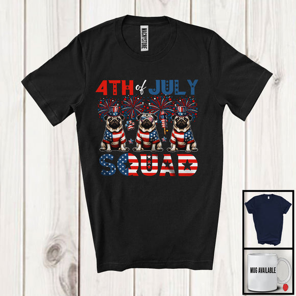 MacnyStore - 4th Of July Squad, Lovely Independence Day Three Pugs, USA Flag Fireworks Patriotic T-Shirt